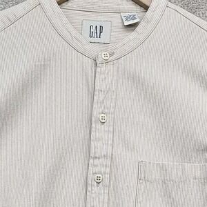 Vintage Gap Mens Shirt Size Large Band Collar Tan Stripe Grandpa Heritage 90s